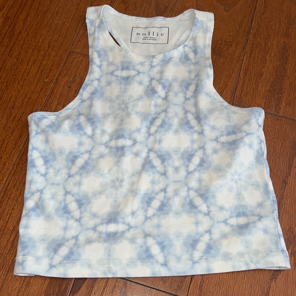 nollie blue and white tie dye racerback crop top